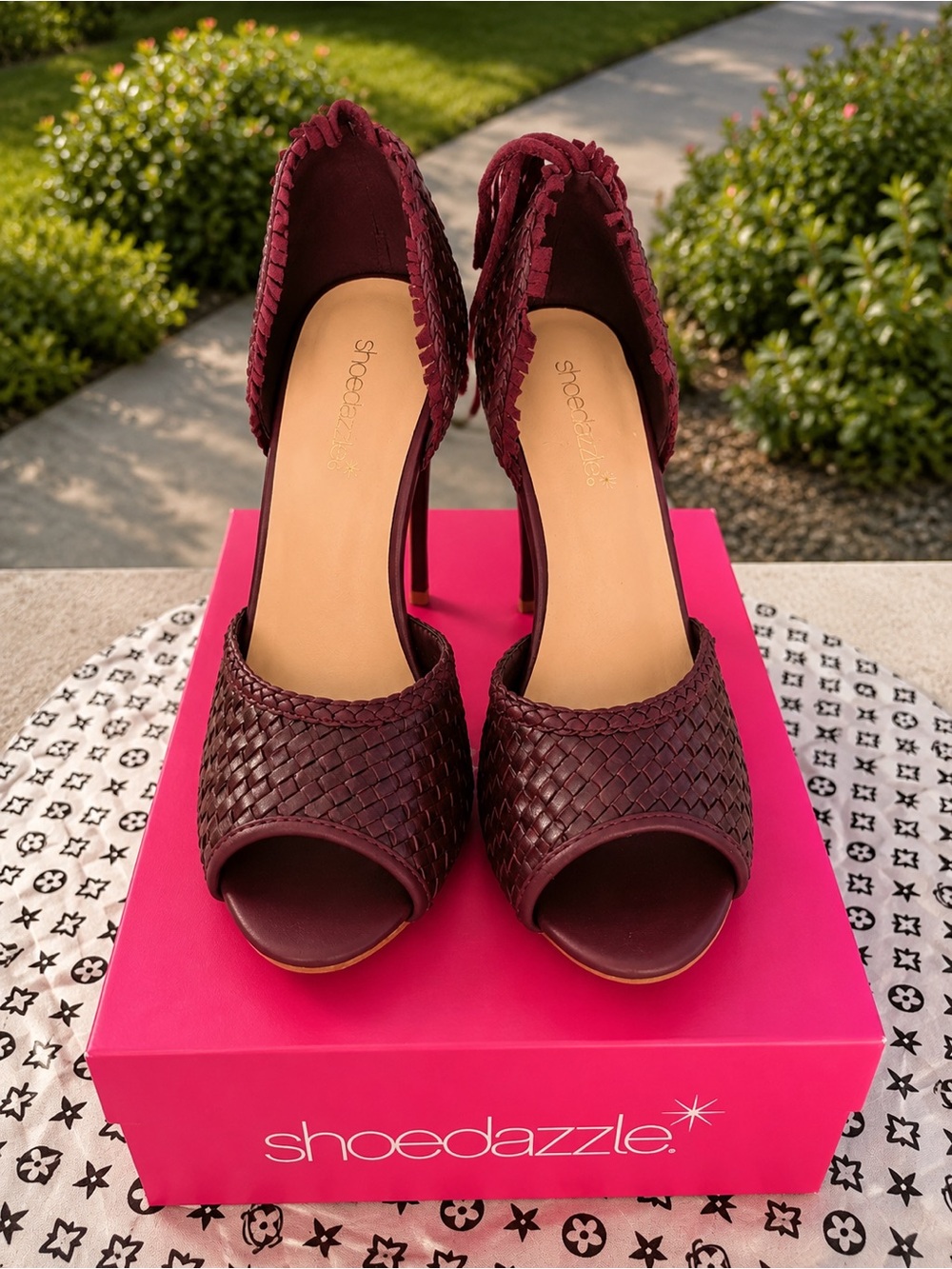 Shoe Dazzle Burgundy Woven Open-Toe Ankle-Strap Heels